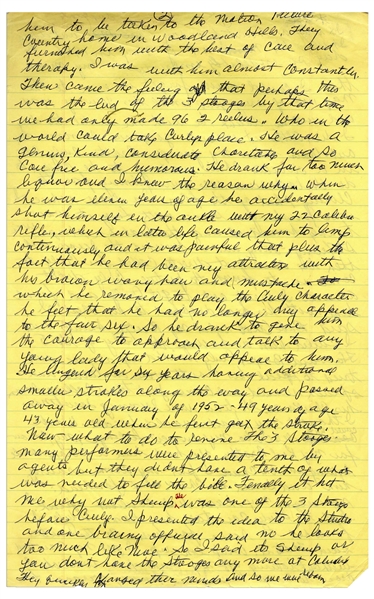 Moe Howard's Handwritten Manuscript Page When Writing His Autobiography -- Moe Remembers Curly's Stroke: ''found him with his head dropped to his chest'' -- Two Pages on One 8'' x 12.5'' Sheet
